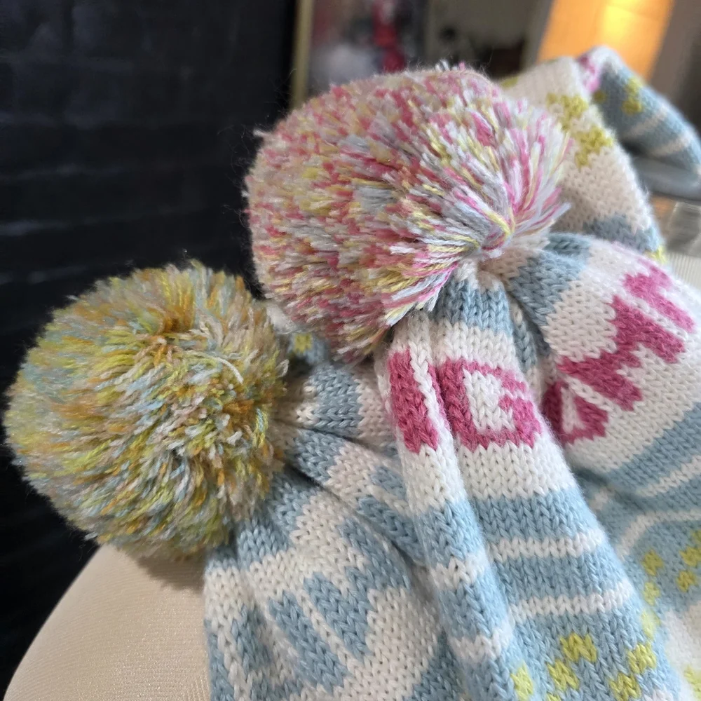 BY MNG Knit Scarf Pom Pom Snowflakes Fair Isle Pink Blue Green Nordic
